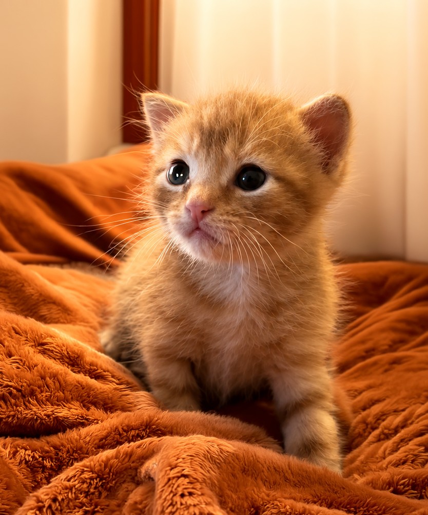 Tiny orange kitten Greg sitting on a blanket