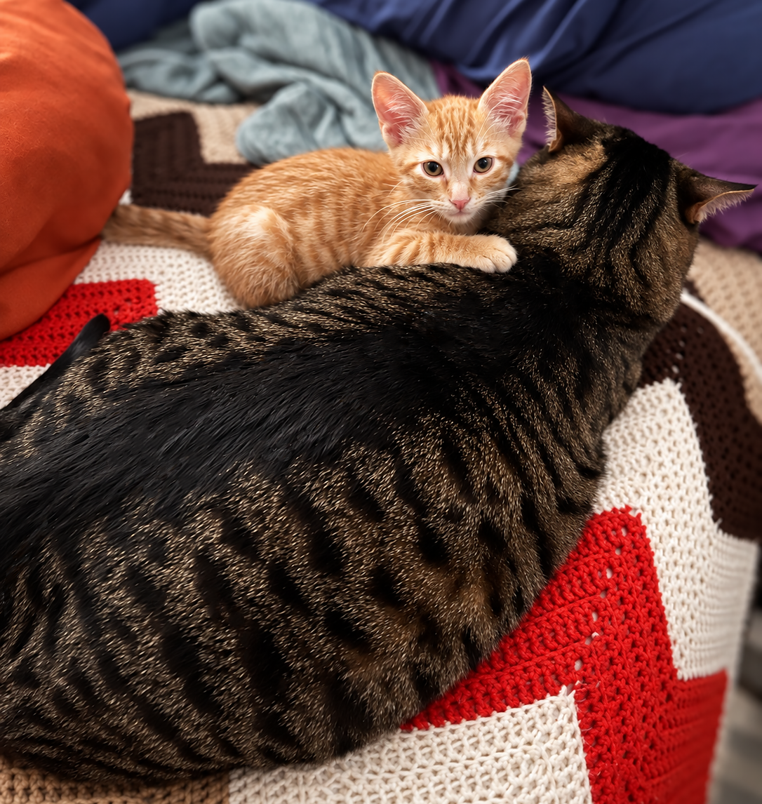 Kitten Greg resting a paw on Brody as they cuddle on a bed